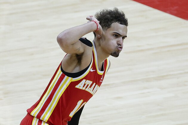 PHILADELPHIA, PENNSYLVANIA - JUNE 16: Trae Young #11 of the Atlanta Hawks celebrates during the fourth quarter against the Philadelphia 76ers during Game Five of the Eastern Conference Semifinals at Wells Fargo Center on June 16, 2021 in Philadelphia, Pennsylvania. NOTE TO USER: User expressly acknowledges and agrees that, by downloading and or using this photograph, User is consenting to the terms and conditions of the Getty Images License Agreement. (Photo by Tim Nwachukwu/Getty Images) PHILADELPHIA, PENNSYLVANIA - JUNE 16: Trae Young #11 of the Atlanta Hawks celebrates during the fourth quarter against the Philadelphia 76ers during Game Five of the Eastern Conference Semifinals at Wells Fargo Center on June 16, 2021 in Philadelphia, Pennsylvania. NOTE TO USER: User expressly acknowledges and agrees that, by downloading and or using this photograph, User is consenting to the terms and conditions of the Getty Images License Agreement. (Photo by Tim Nwachukwu/Getty Images)