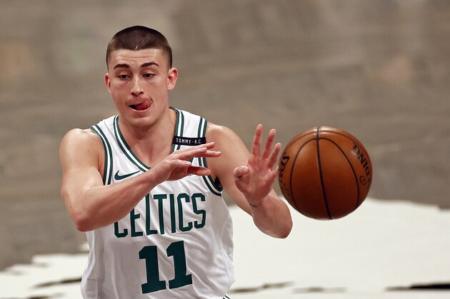 Boston Celtics guard Payton Pritchard (11) in action against the Brooklyn Nets in the first half of Game 5 during an NBA basketball first-round playoff series, Tuesday, June 1, 2021, in New York. (AP Photo/Adam Hunger)