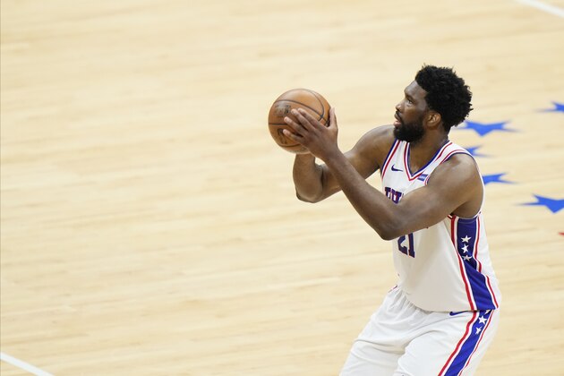Philadelphia 76ers' Joel Embiid plays during Game 7 in a second-round NBA basketball playoff series against the Atlanta Hawks, Sunday, June 20, 2021, in Philadelphia. (AP Photo/Matt Slocum)