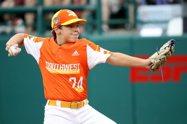 SOUTH WILLIAMSPORT, PENNSYLVANIA - AUGUST 25: Starting pitcher Egan Prather #24 of the Southwest Region team from River Ridge Louisiana pitches against the Caribbean Region team from Willemstad, Curacao during the Championship Game of the Little League World Series at Lamade Stadium on August 25, 2019 in South Williamsport, Pennsylvania. (Photo by Rob Carr/Getty Images)