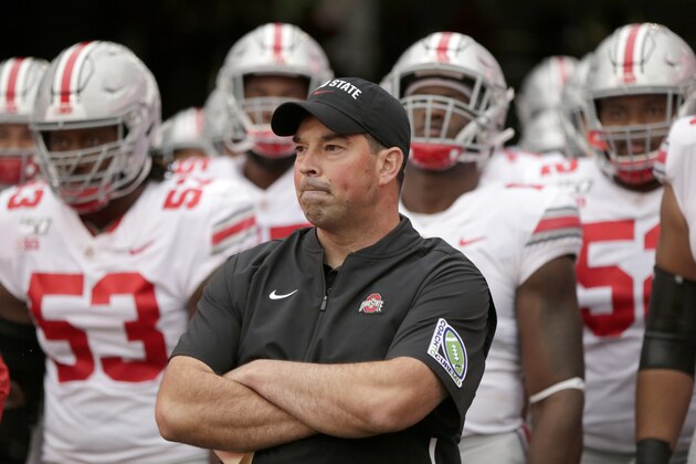 Ohio State head coach Ryan Day waits with his players before taking the field at Memorial Stadium in Lincoln, Neb., for an NCAA college football game against Nebraska in Lincoln, Neb., Saturday, Sept. 28, 2019. (AP Photo/Nati Harnik)