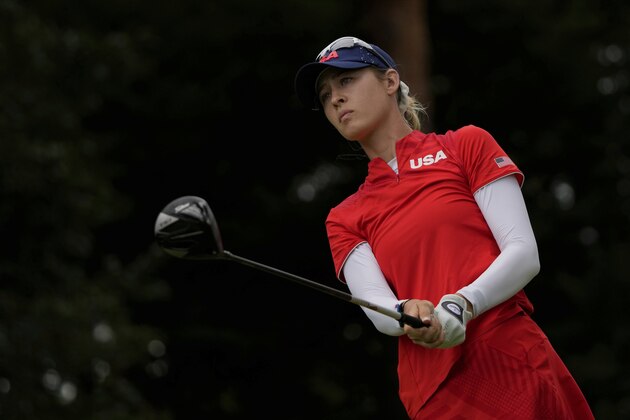 Nelly Korda, of the United States, watches her tee shot on the 18th hole during the final round of the women's golf event at the 2020 Summer Olympics, Saturday, Aug. 7, 2021, at the Kasumigaseki Country Club in Kawagoe, Japan. (AP Photo/Andy Wong)