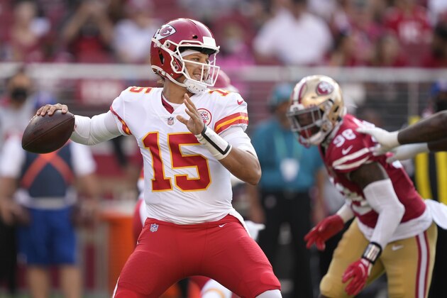 Kansas City Chiefs quarterback Patrick Mahomes (15) passes against the San Francisco 49ers during the first half of an NFL preseason football game in Santa Clara, Calif., Saturday, Aug. 14, 2021. (AP Photo/Tony Avelar)