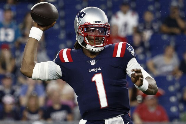 New England Patriots quarterback Cam Newton throws during an NFL preseason football game against the Washington Football Team at Gillette Stadium, Thursday, Aug. 12, 2021 in Foxborough, Mass. (Winslow Townson/AP Images for Panini)
