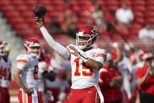 Kansas City Chiefs quarterback Patrick Mahomes (15) warms up before an NFL preseason football game against the San Francisco 49ers in Santa Clara, Calif., Saturday, Aug. 14, 2021. (AP Photo/Jed Jacobsohn) Kansas City Chiefs quarterback Patrick Mahomes (15) warms up before an NFL preseason football game against the San Francisco 49ers in Santa Clara, Calif., Saturday, Aug. 14, 2021. (AP Photo/Jed Jacobsohn)