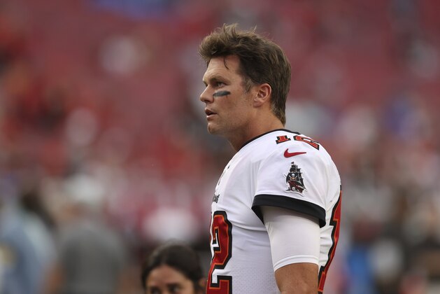 Tampa Bay Buccaneers quarterback Tom Brady (12) before an NFL preseason football game against the Cincinnati Bengals Saturday, Aug. 14, 2021, in Tampa, Fla. (AP Photo/Mark LoMoglio)