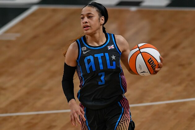 ATLANTA, GA  JUNE 26:  Atlanta guard Chennedy Carter (3) brings the ball up the court during the WNBA game between the New York Liberty and the Atlanta Dream on June 26th, 2021 at Gateway Center Arena in College Park, GA. (Photo by Rich von Biberstein/Icon Sportswire via Getty Images)