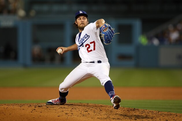 LOS ANGELES, CA - JUNE 28:  Trevor Bauer #27 of the Los Angeles Dodgers pitches during the game against the San Francisco Giants at Dodger Stadium on June 28, 2021 in Los Angeles, California. The Dodgers defeated the Giants 3-2. (Photo by Rob Leiter/MLB Photos via Getty Images)