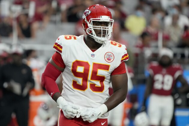 Kansas City Chiefs defensive end Chris Jones (95) celebrates his sack against the Arizona Cardinals during the first half of an NFL football game, Friday, Aug. 20, 2021, in Glendale, Ariz. (AP Photo/Rick Scuteri)