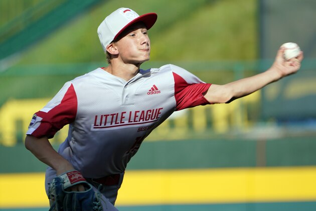 Sioux Falls, S.D.'s Gavin Weir (19) delivers a pitch against Lafayette, La., during the first inning of a baseball game at the Little League World Series in South Williamsport, Pa., Friday, Aug. 20, 2021. (AP Photo/Tom E. Puskar)