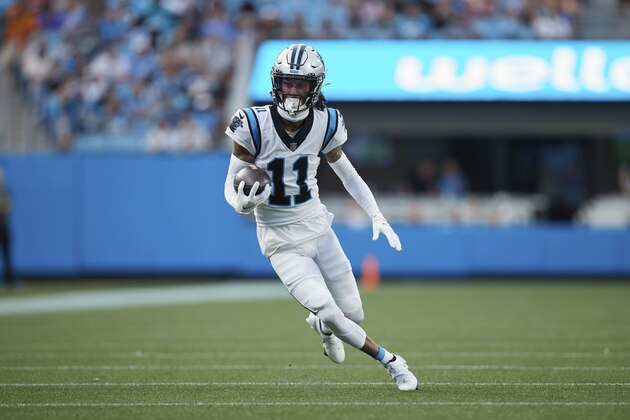 Carolina Panthers wide receiver Robby Anderson (11) during an NFL preseason football game against the Baltimore Ravens, Saturday, Aug. 21, 2021, in Charlotte, N.C. (AP Photo/Brian Westerholt)