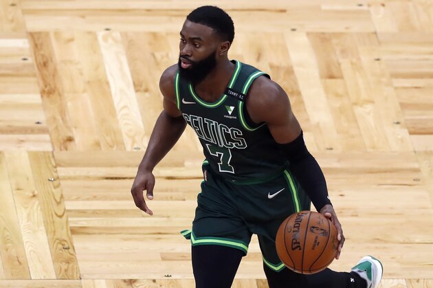 Boston Celtics' Jaylen Brown plays against the Portland Trail Blazers during the first half of an NBA basketball game, Sunday, May 2, 2021, in Boston. (AP Photo/Michael Dwyer)