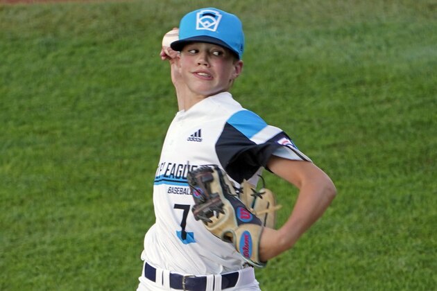 Sammamish, Wash. starting pitcher Eli Jones throws to a Palm City, Fla., batter during the first inning of a baseball game at the Little League World Series in South Williamsport, Pa., Saturday, Aug. 21, 2021. Washington won 1-0. Jones threw a no-hitter. (AP Photo/Tom E. Puskar)