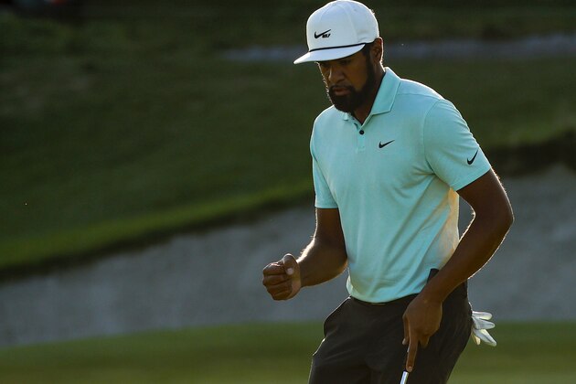 JERSEY CITY, NEW JERSEY - AUGUST 23: Tony Finau of the United States reacts after making his putt on the 18th green during the final round of THE NORTHERN TRUST, the first event of the FedExCup Playoffs, at Liberty National Golf Club on August 23, 2021 in Jersey City, New Jersey. (Photo by Sarah Stier/Getty Images)