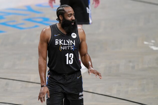 Brooklyn Nets guard James Harden (13) gestures to a teammate who missed a shot early in Game 5 of a second-round NBA basketball playoff series against the Milwaukee Bucks, Tuesday, June 15, 2021, in New York. (AP Photo/Kathy Willens)