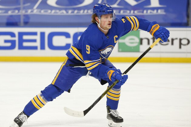 Buffalo Sabres forward Jack Eichel (9) skates during the second period of an NHL hockey game against the New York Rangers, Monday, Feb. 15, 2021, in Buffalo, N.Y. (AP Photo/Jeffrey T. Barnes)