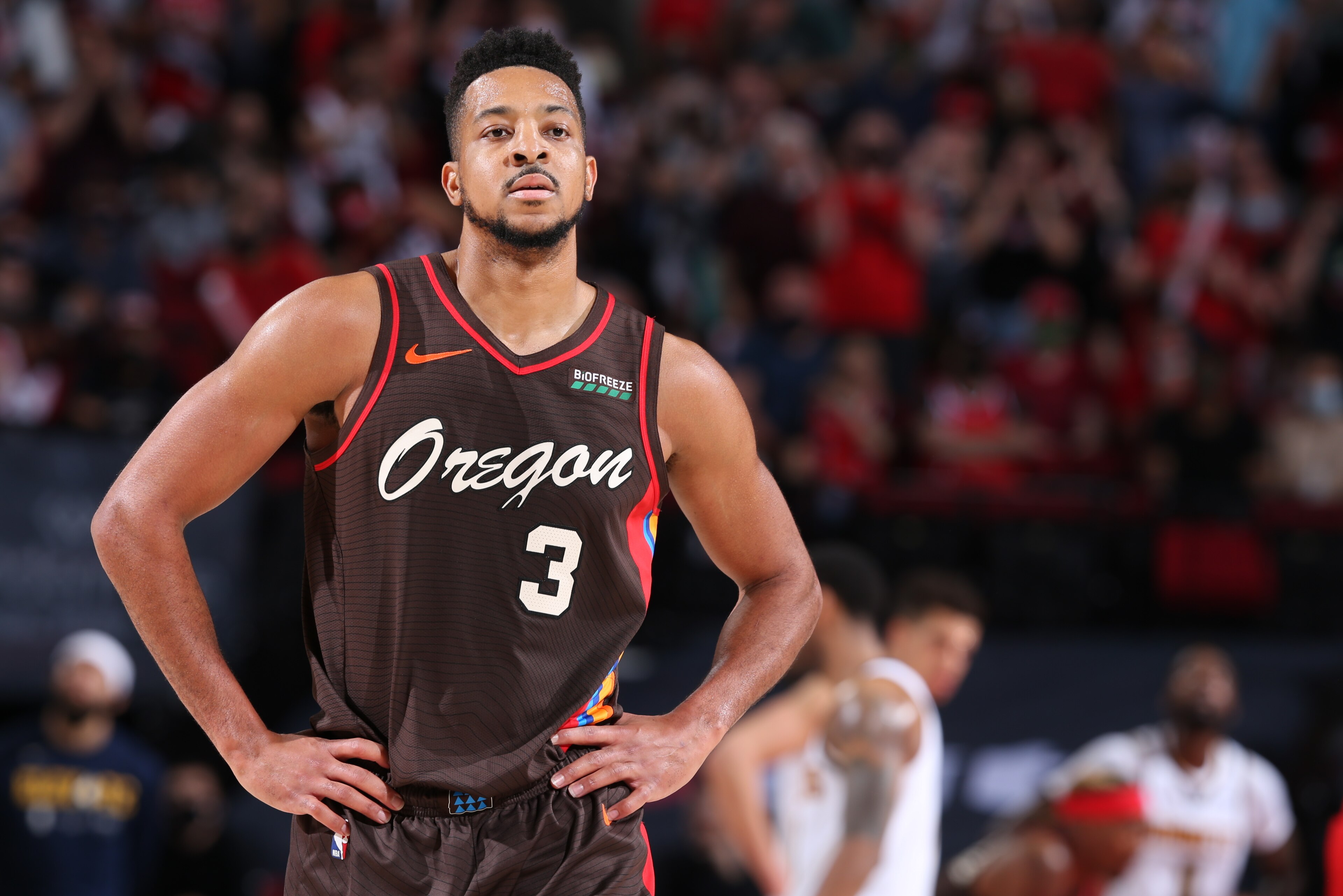 Portland Trail Blazers guard CJ McCollum plays during the first half of an NBA basketball game, Wednesday, March 31, 2021, in Detroit. (AP Photo/Carlos Osorio)