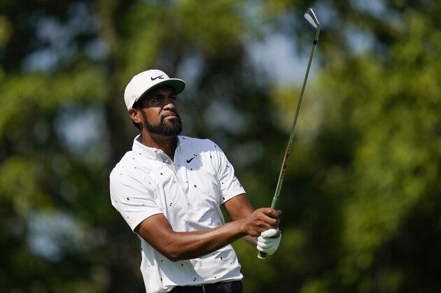 Tony Finau tees off on the 13th hole during the ProAm at the BMW Championship golf tournament, Wednesday, Aug. 25, 2021, at Caves Valley Golf Club in Owings Mills, Md. The BMW Championship tournament begins Thursday. (AP Photo/Julio Cortez)