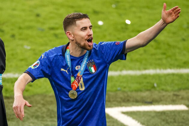 Italy's Jorginho celebrates after defeating England in a penalty shootout at the Euro 2020 soccer championship final at Wembley stadium in London, Sunday, July 11, 2021. (John Sibley/Pool Photo via AP)