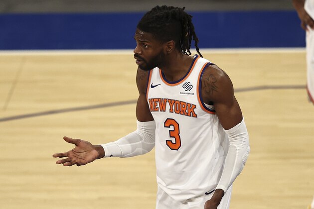 New York Knicks' Nerlens Noel reacts after he was called for a technical foul after an altercation with Charlotte Hornets' Cody Zeller during an NBA basketball game at Madison Square Garden, Saturday, May 15, 2021, in New York. (Elsa/Pool Photo via AP)