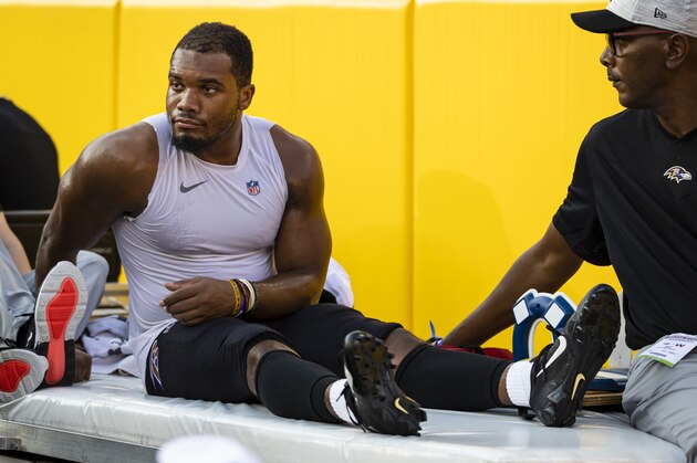 LANDOVER, MD - AUGUST 28: J.K. Dobbins #27 of the Baltimore Ravens is carted off the sidelines after being injured against the Washington Football Team during the first half of a preseason game at FedExField on August 28, 2021 in Landover, Maryland. J.K. Dobbins would be injured on the play. (Photo by Scott Taetsch/Getty Images)
