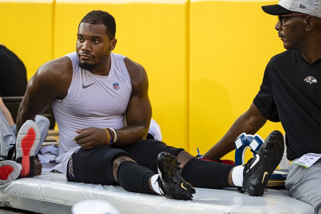 LANDOVER, MD - AUGUST 28: J.K. Dobbins #27 of the Baltimore Ravens is carted off the sidelines after being injured against the Washington Football Team during the first half of a preseason game at FedExField on August 28, 2021 in Landover, Maryland. J.K. Dobbins would be injured on the play. (Photo by Scott Taetsch/Getty Images)