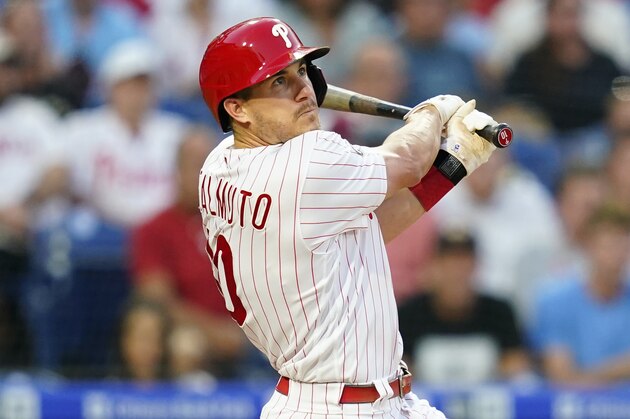 Philadelphia Phillies' J.T. Realmuto plays during an interleague baseball game against the Tampa Bay Rays, Tuesday, Aug. 24, 2021, in Philadelphia. (AP Photo/Matt Slocum)