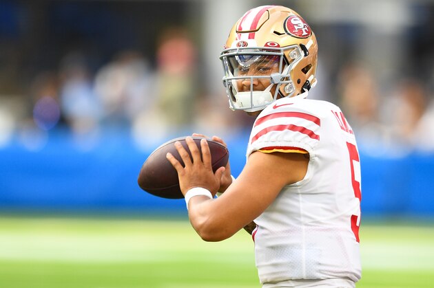 INGLEWOOD, CA - AUGUST 22: San Francisco 49ers quarterback Trey Lance (5) warms up before the NFL preseason game between the San Francisco 49ers and the Los Angeles Chargers on August 22, 2021, at SoFi Stadium in Inglewood, CA. (Photo by Brian Rothmuller/Icon Sportswire via Getty Images)