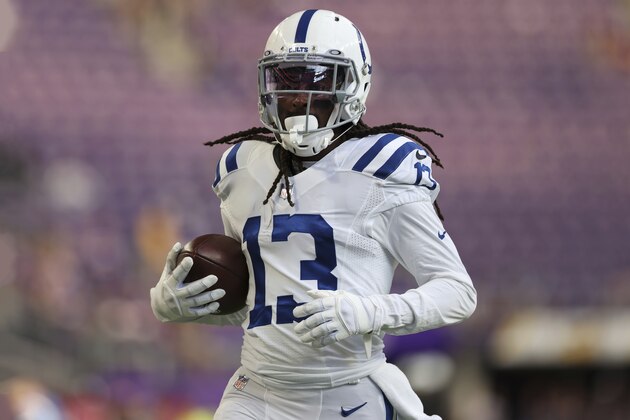 Indianapolis Colts wide receiver T.Y. Hilton (13) handles the ball during pregame warmups prior to the start of an NFL preseason football game, Saturday, Aug. 21, 2021 in Minneapolis. Indianapolis won 12-10. (AP Photo/Stacy Bengs)