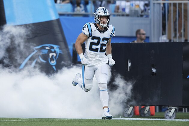 Carolina Panthers running back Christian McCaffrey (22) takes the field prior to an NFL preseason football game against the Pittsburgh Steelers, Friday, Aug. 27, 2021, in Charlotte, N.C. (AP Photo/Brian Westerholt)