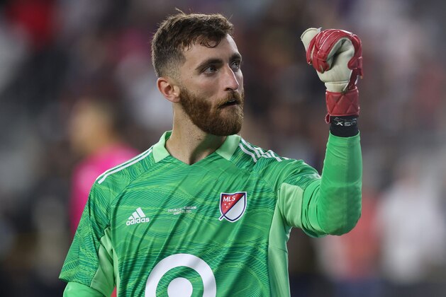 LOS ANGELES, CALIFORNIA - AUGUST 25:  Matt Turner #30 of the MLS All-Stars reacts after making a save against the Liga MX All-Stars in a shootout during the 2021 MLS All-Star game at Banc of California Stadium on August 25, 2021 in Los Angeles, California. (Photo by Ronald Martinez/Getty Images)
