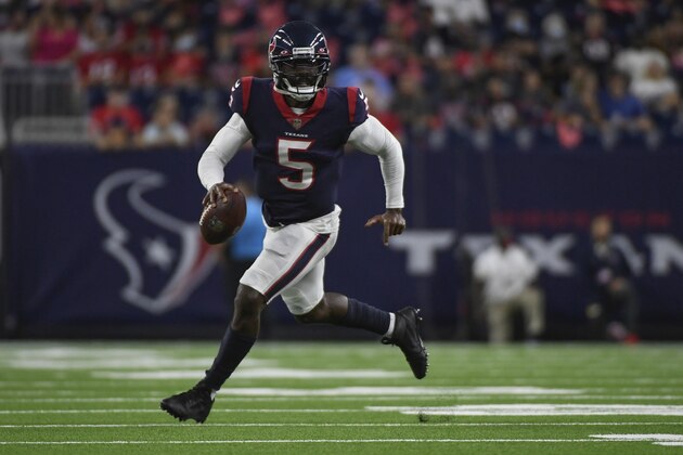 Houston Texans quarterback Tyrod Taylor (5) runs the ball against the Tampa Bay Buccaneers during the first half of an NFL preseason football game Saturday, Aug. 28, 2021, in Houston. (AP Photo/Justin Rex)