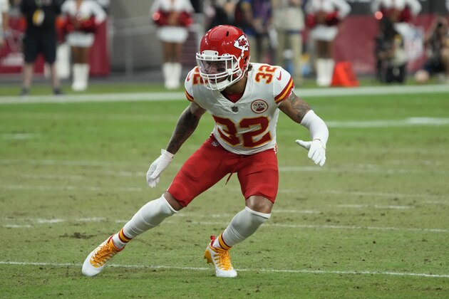 Kansas City Chiefs free safety Tyrann Mathieu (32) during the first half of an NFL football game against the Arizona Cardinals, Friday, Aug. 20, 2021, in Glendale, Ariz. (AP Photo/Rick Scuteri)