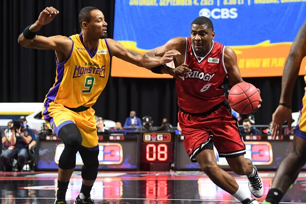 LAS VEGAS, NEVADA - JULY 17: James White #8 of Trilogy drives to the basket against Rashard Lewis #9 of 3 Headed Monsters in the first half during the second week of the BIG3 at the Orleans Arena on July 17, 2021 in Las Vegas, Nevada. (Photo by Sam Morris/Getty Images for BIG3)