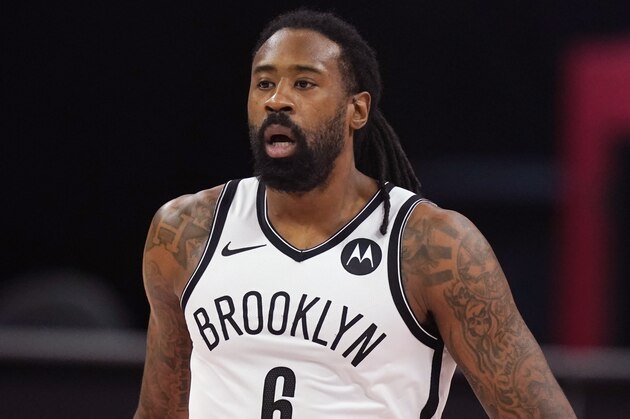 Brooklyn Nets center DeAndre Jordan plays during the first half of an NBA basketball game, Tuesday, Feb. 9, 2021, in Detroit. (AP Photo/Carlos Osorio)