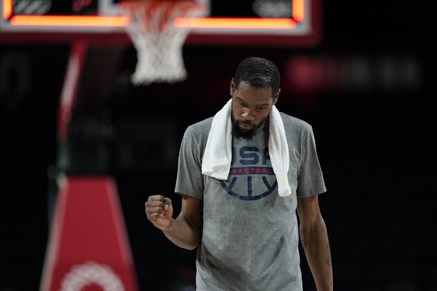 United States's Kevin Durant (7) celebrates their win in the men's basketball semifinal game against Australia at the 2020 Summer Olympics, Thursday, Aug. 5, 2021, in Saitama, Japan. (AP Photo/Charlie Neibergall)