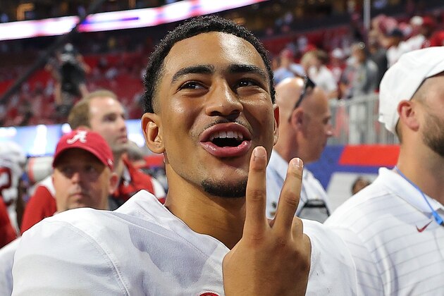 ATLANTA, GEORGIA - SEPTEMBER 04:  Bryce Young #9 of the Alabama Crimson Tide reacts after their 44-13 win over the Miami Hurricanes in the Chick-fil-A Kick-Off Game at Mercedes-Benz Stadium on September 04, 2021 in Atlanta, Georgia. (Photo by Kevin C. Cox/Getty Images)