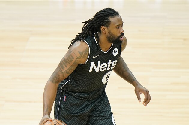 Brooklyn Nets' DeAndre Jordan plays during an NBA basketball game against the Philadelphia 76ers, Wednesday, April 14, 2021, in Philadelphia. (AP Photo/Matt Slocum)