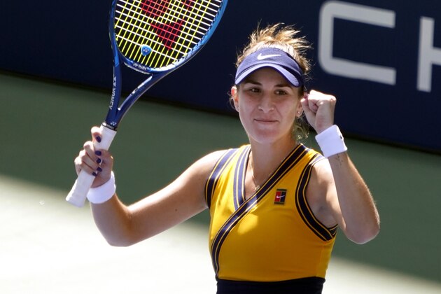 Belinda Bencic, of Switzerland, celebrates her win over Iga Swiatek, of Poland, during the fourth round of the US Open tennis championships, Monday, Sept. 6, 2021, in New York. (AP Photo/Elise Amendola)