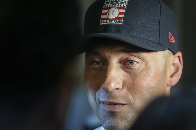 New York Yankees shortstop Derek Jeter speaks during the Baseball Hall of Fame press conference, Wednesday Jan. 22, 2020, in New York. Jeter and Colorado Rockies outfielder Larry Walker will both join the 2020 Hall of Fame class. (AP Photo/Bebeto Matthews)