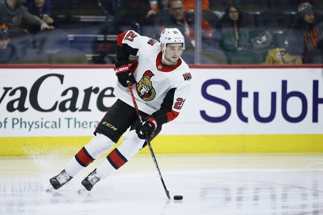 Ottawa Senators' Logan Brown plays during an NHL hockey game against the Philadelphia Flyers, Saturday, Dec. 7, 2019, in Philadelphia. (AP Photo/Matt Slocum)