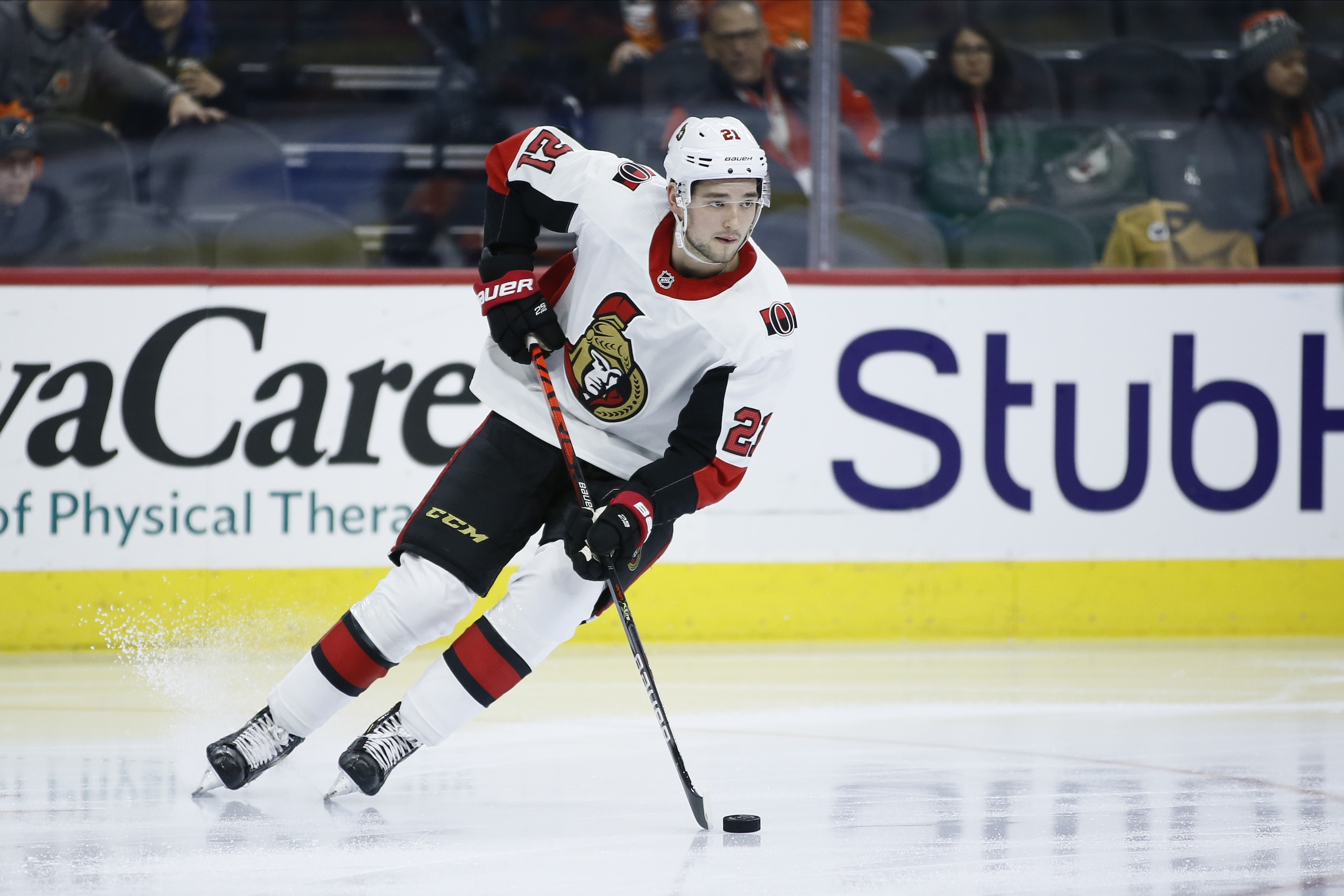 Ottawa Senators' Logan Brown plays during an NHL hockey game against the Philadelphia Flyers, Saturday, Dec. 7, 2019, in Philadelphia. (AP Photo/Matt Slocum)
