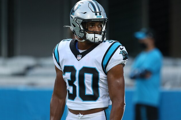 CHARLOTTE, NC - AUGUST 27: Chuba Hubbard (30) running back of the Panthers during a NFL football game between the Pittsburg Steelers and the Carolina Panthers on August 27, 2021 at Bank of America Stadium in Charlotte, N.C. (Photo by John Byrum/Icon Sportswire via Getty Images)