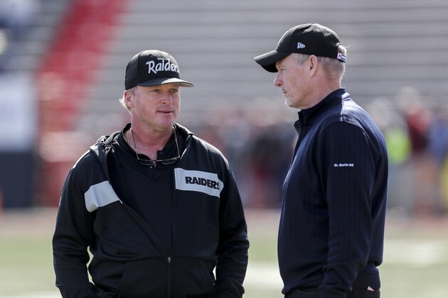 MOBILE, AL - JANUARY 26: Head Coach Jon Gruden and General Manager Mike Mayock of the Oakland Raiders of the North Team talk before the start of the 2019 Reese's Senior Bowl at Ladd-Peebles Stadium on January 26, 2019 in Mobile, Alabama. The North defeated the South 34 to 24. (Photo by Don Juan Moore/Getty Images)