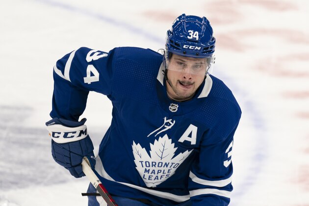 Toronto Maple Leafs center Auston Matthews(34) during an NHL hockey game against the Ottawa Senators, Monday, Feb. 15, 2021, in Toronto, Canada. (AP Photo/Peter Power)