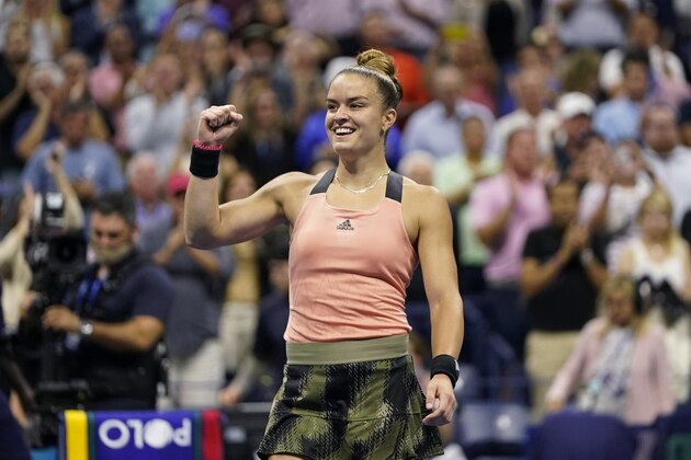 Maria Sakkari, of Greece, clenches her fist after defeating Karolina Pliskova, of the Czech Republic, during the quarterfinals of the U.S. Open tennis tournament Wednesday, Sept. 8, 2021, in New York. (AP Photo/Frank Franklin II)