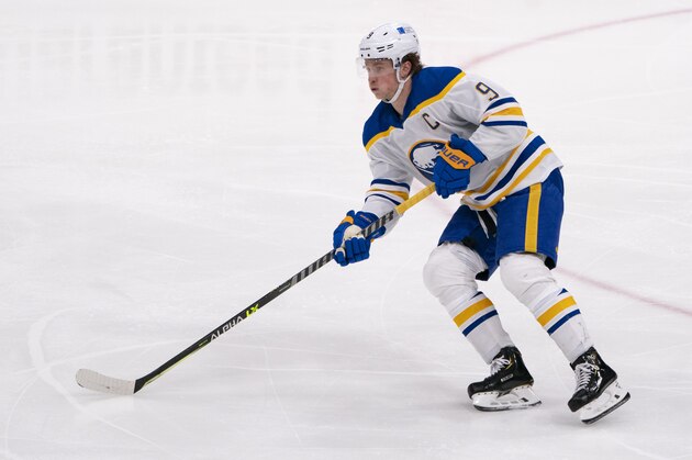 UNIONDALE, NY - MARCH 06: Buffalo Sabres Center Jack Eichel (9) skates with the puck during the third period of the National Hockey League game between the Buffalo Sabres and the New York Islanders on March 6, 2021, at the Nassau Veterans Memorial Coliseum in Uniondale, NY. (Photo by Gregory Fisher/Icon Sportswire via Getty Images)