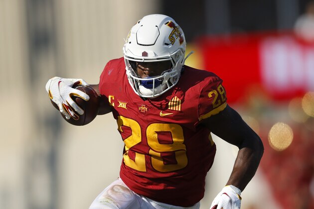 Iowa State running back Breece Hall (28) runs the ball in an NCAA college football game against Northern Iowa, Saturday, Sept. 4, 2021, in Ames, Iowa. Iowa State won 16-10. (AP Photo/Matthew Putney)