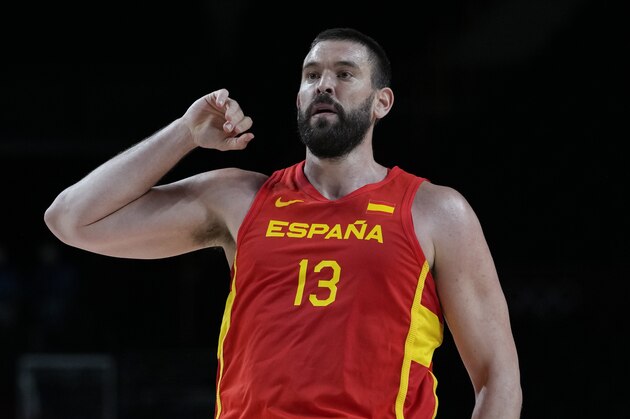 Spain's Marc Gasol plays against Japan during a men's basketball preliminary round game at the 2020 Summer Olympics in Saitama, Japan, Monday, July 26, 2021. (AP Photo/Eric Gay)