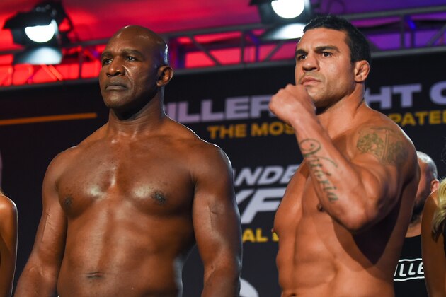 FORT LAUDERDALE, FL - SEPTEMBER 10: Evander Holyfield (L) and Vitor Belfort (R) pose during the weigh-in ahead of their fight on September 11 at The Harbor Beach Marriott on September 10, 2021 in Fort Lauderdale, Florida. (Photo by Eric Espada/Getty Images)